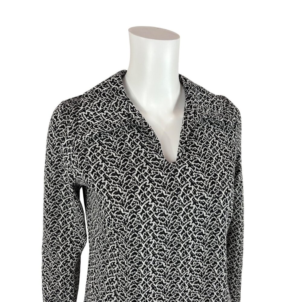 Vintage 70s Patterned Top Women's Small Black White Polyester Collared Shirt - Picture 4 of 10